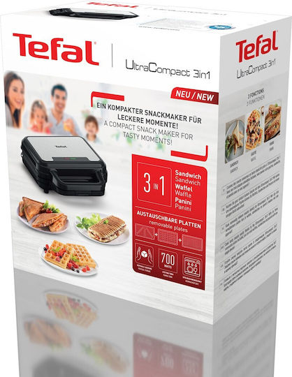 Tefal UltraCompact 3in1 Τοστιέρα με Αποσπώμενες Πλάκες για 2 Τοστ 700W Μαύρη