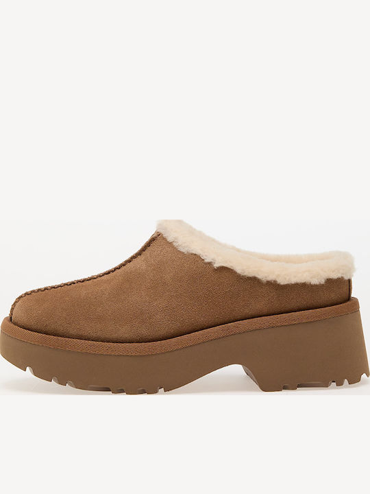 New Heights Cozy Clog Closed Leather Women's Slippers Brown