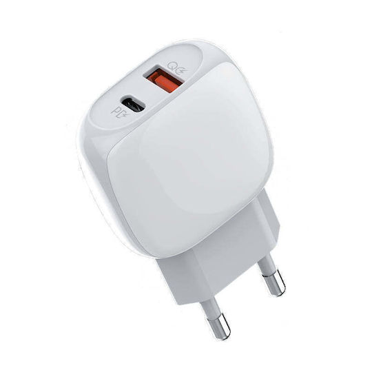 Ldnio с USB-A порт и USB-C порт и кабел USB-C - USB-C 18W Power Delivery / Quick Charge 3.0 Бял (A2313C)