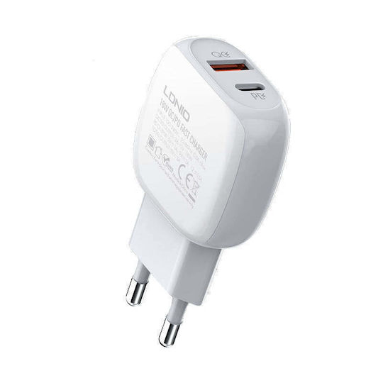 Ldnio с USB-A порт и USB-C порт и кабел USB-C - USB-C 18W Power Delivery / Quick Charge 3.0 Бял (A2313C)