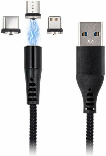 Maxlife Braided / Magnetic Cablu USB la Lightning / Type-C / micro USB cu mai multe porturi 2A Negru 1m (MXUC-03)