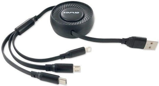 Awei CL-136 Flat / Retractable USB to Lightning / Type-C / micro USB Cable Μαύρο 1m