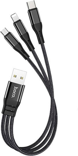 Hoco Braided USB to Lightning / Type-C / micro USB Cable Μαύρο 0.25m (X47 Harbor)