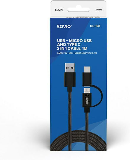 Savio Braided USB to Type-C / micro USB Cable 2.1A Μαύρο 1m (CL-128)
