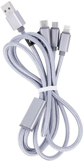 Maxlife Regular Cablu USB la Lightning / Type-C / micro USB cu mai multe porturi 2.1A Gri 1m (MAXLIFE3IN1)