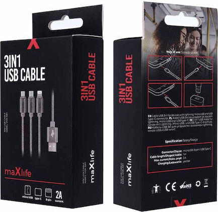 Maxlife Regular Cablu USB la Lightning / Type-C / micro USB cu mai multe porturi 2.1A Gri 1m (MAXLIFE3IN1)