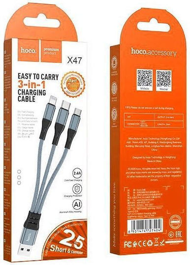 Hoco Braided USB to Lightning / Type-C / micro USB Cable Γκρι 0.25m (X47 Harbor)
