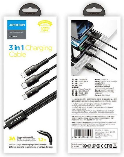 Joyroom S-1230G4 Braided USB to Lightning / Type-C / micro USB Cable Μαύρο 1.2m