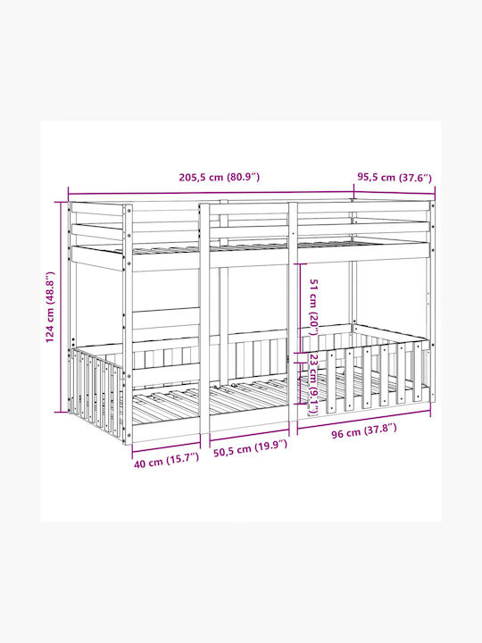 Kids Bed Bunk Single Brown for Mattress 90x200cm