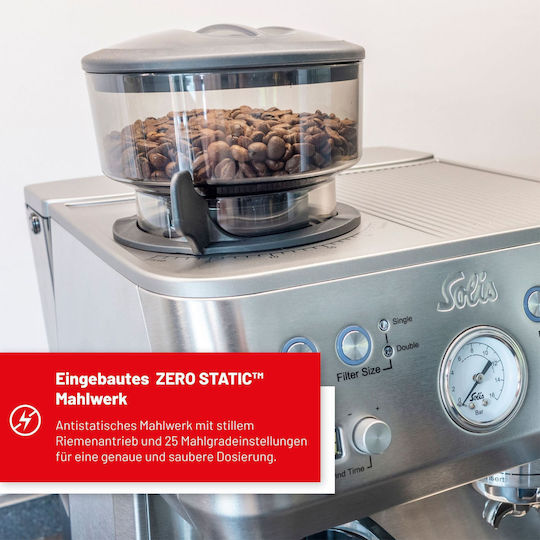 Solis Grind & Infuse Perfetta 1019 Automat Espressoare 1620W Presiune 16bar cu Râșniță Argintie SO200