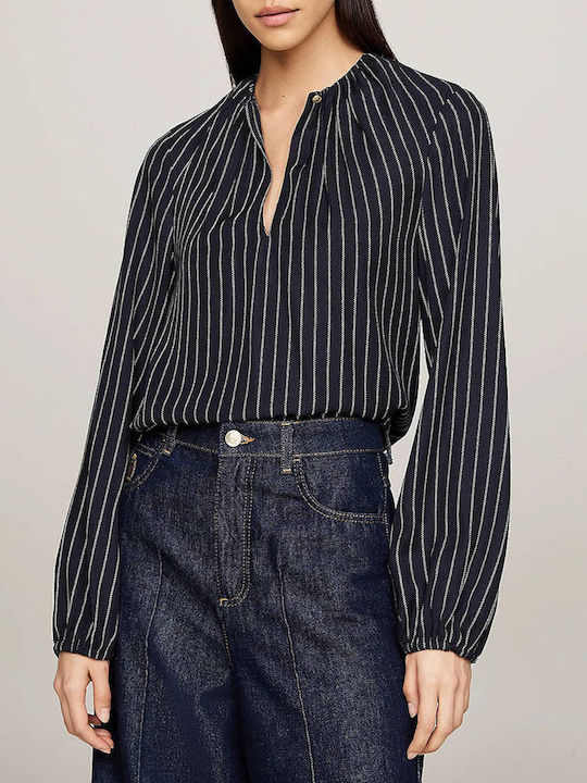 Tommy Hilfiger Women's Blouse Long Sleeve Striped Dark Blue