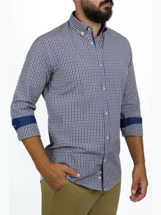 La Pupa Men's Shirt Long Sleeve Cotton Checked Blue