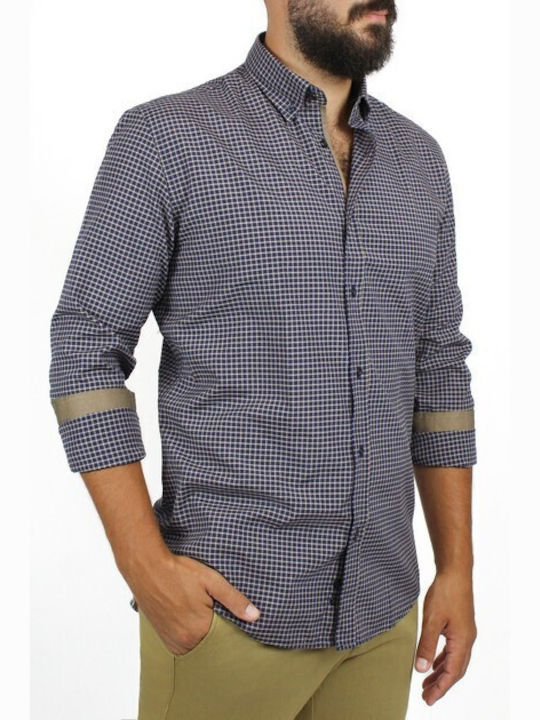 La Pupa Men's Shirt Long Sleeve Cotton Checked Dark Blue