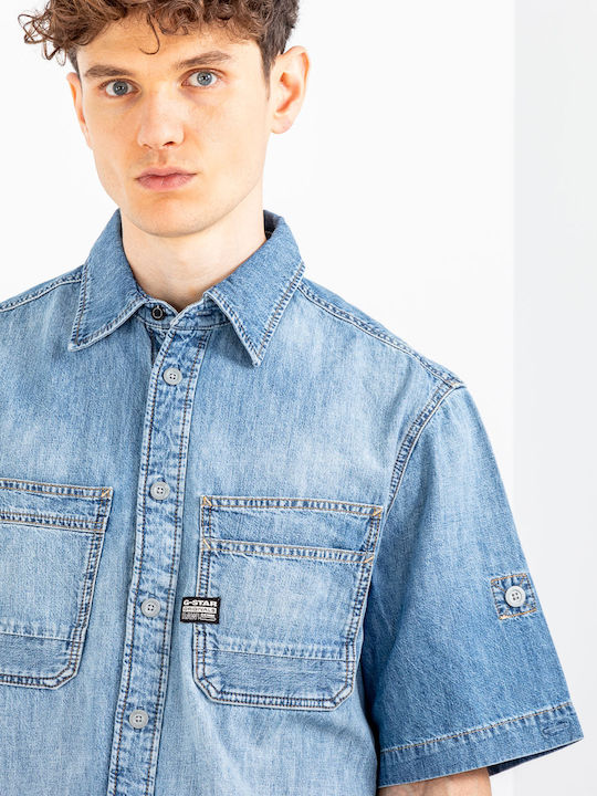 Pocket Langärmlig Jeans Hemd Blau
