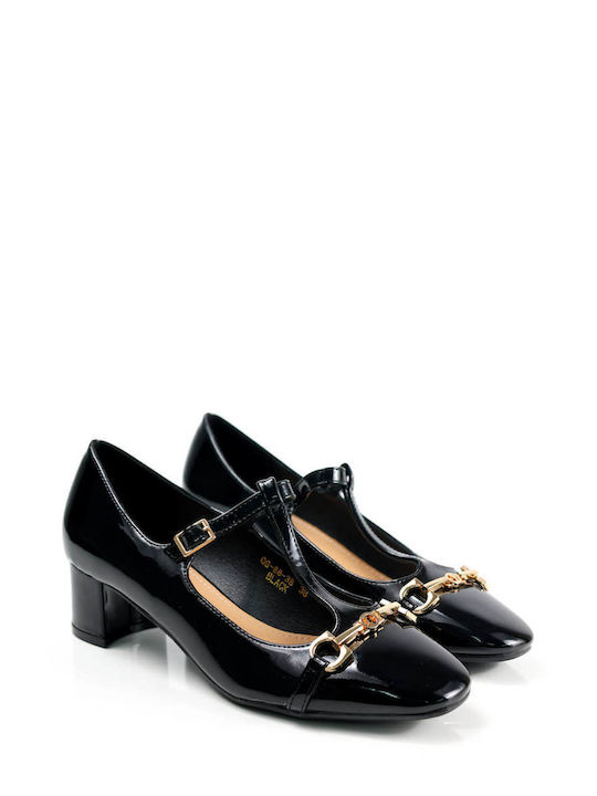 Ligglo Patent Leather Black Medium Heels with Strap