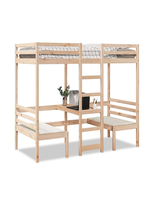 Pat pentru Copii Loft Bed Single cu Birou Bej pentru Saltea 75x190cm