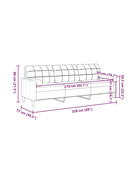 Dreisitzer Sofa Samt Blau mit Dekokissen 226x77x80cm