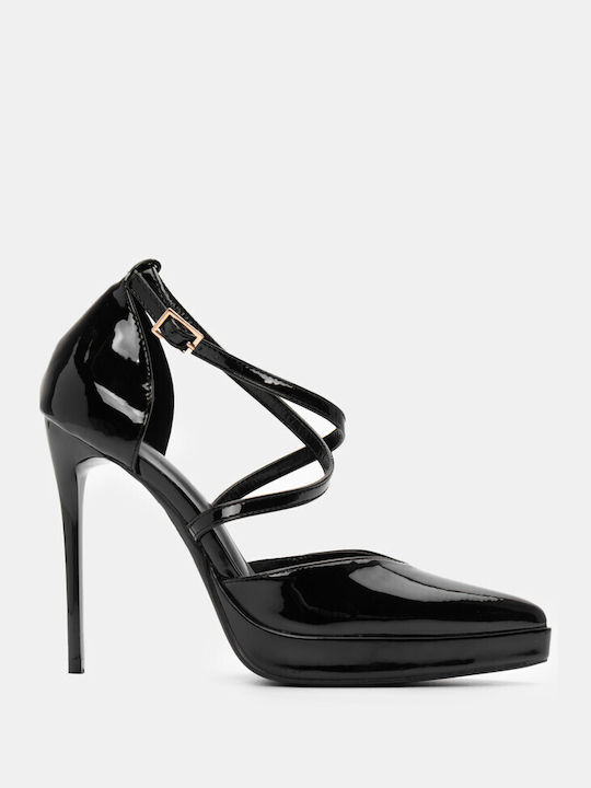 Luigi Patent Leather Pointed Toe Black Low Heels with Strap