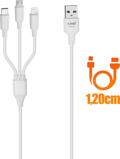 LinQ Regular Cablu USB la Lightning / Type-C / micro USB cu mai multe porturi 5A Alb 1.2m (QC20W05)