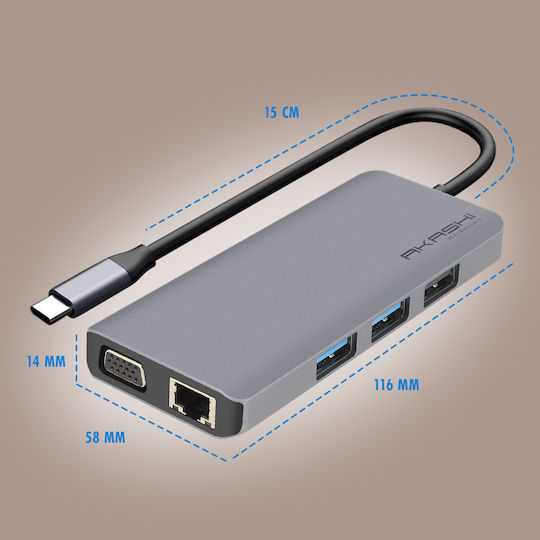 Akashi USB-C Докинг станция с HDMI 4K PD Етърнет и свързване 2 монитора Сив (ALTHUB9IN1TC)