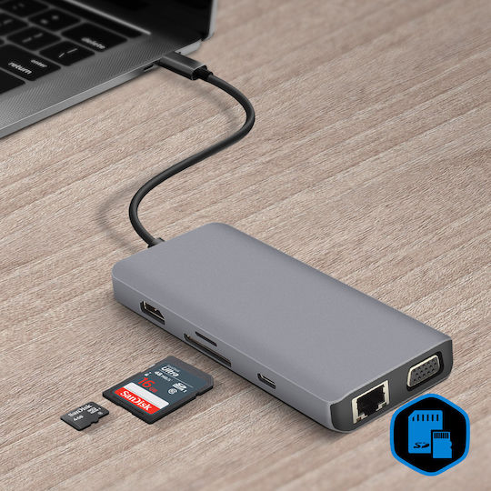 Akashi USB-C Докинг станция с HDMI 4K PD Етърнет и свързване 2 монитора Сив (ALTHUB9IN1TC)