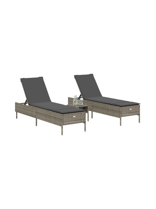 Deckchair Rattan with Cushion Gray 3pcs 198x55x39cm.