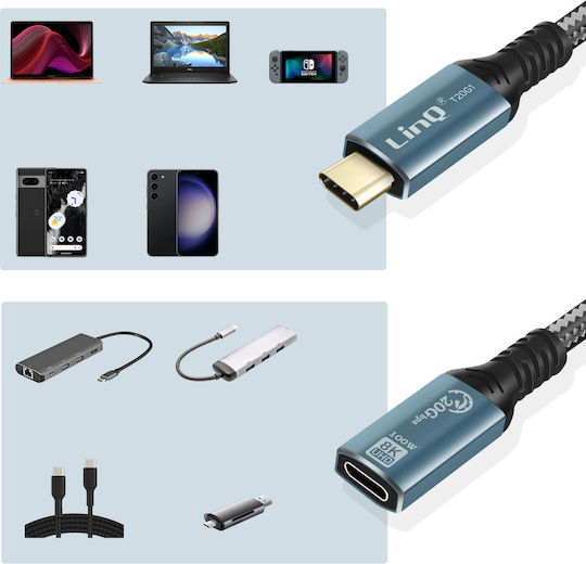 LinQ Braided USB 2.0 Cable USB-C male - USB-C female 100W PD Γκρι 1.2m T20G1