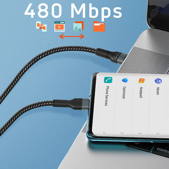 LinQ Braided USB 2.0 Cable USB-C male - USB-C 60W PD Μαύρο 2m TPC200
