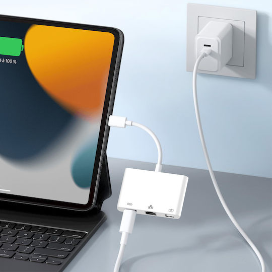 Avizar Convertor Lightning Masculin în Ethernet / USB-A / USB-C Feminin Alb 1 Bucată ADA-3100M-IP5