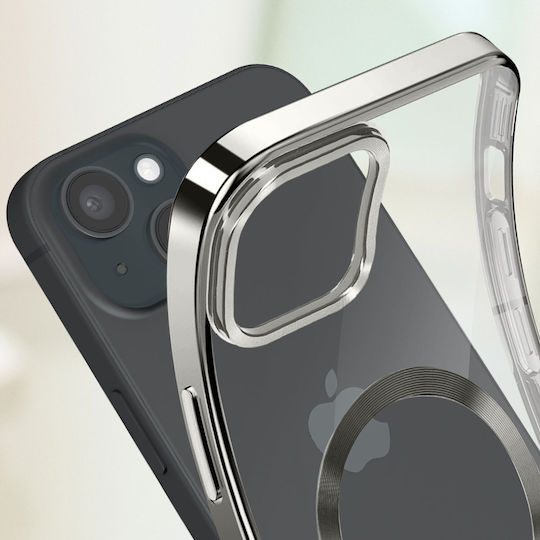 Magsafe Hülle iPhone 15 Silikon Kameraschutz Chrom Silber Kontur