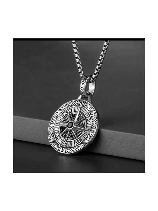 Norse Mythology Round Compass Carved Designs Pendant Necklace In Silver Tone Chain