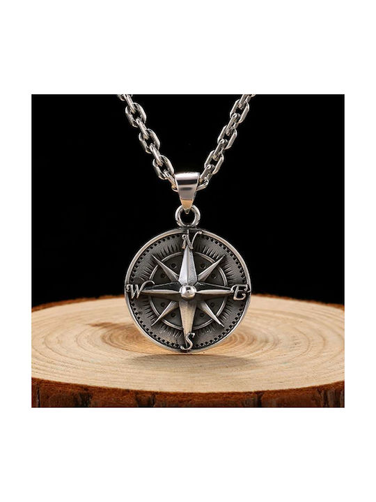 Norse Mythology Round Compass Pendant Necklace In Silver Tone Chain Molfs