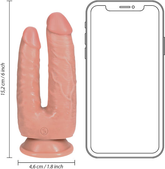Shots Dildo dublu cu Testicule și Ventuză Flesh 15cm
