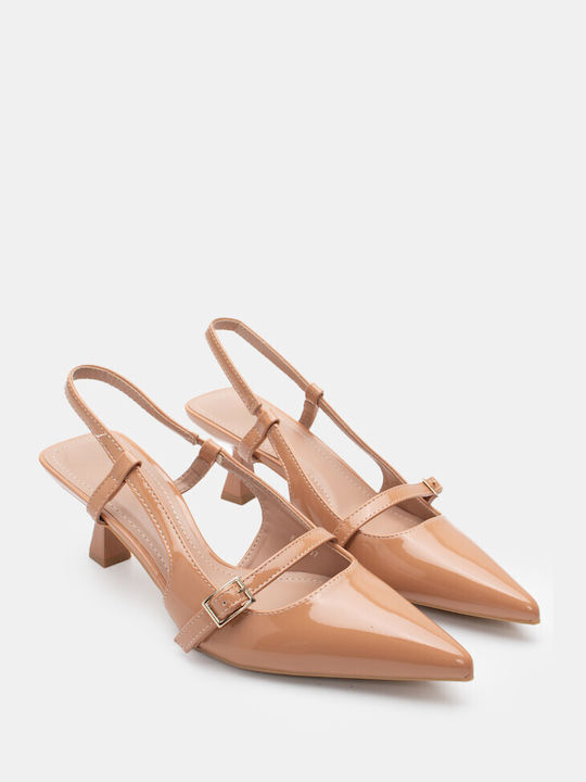 Luigi Pointed Toe Beige Medium Heels with Strap