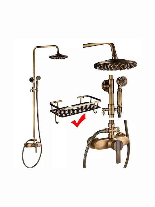 Antique Brass Shower Faucet Set Single Handle Dual Shower Options Tie1 Shelf