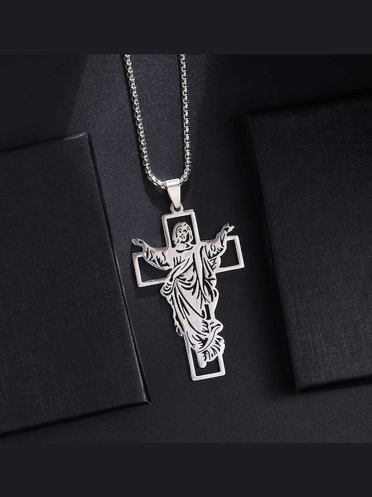 Jesus Cross Necklace In Silver Tone Carved Details Chain