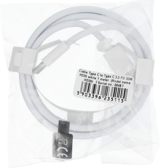 HD26 USB 2.0 Cable USB-C male - USB-C 30W Λευκό 1m