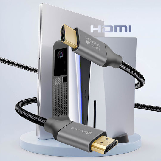 Swissten Cabluri HDMI 2.1 Ultra High Speed 48Gbps 4K 120Hz HDR VRR Braided HDMI De Sex Masculin - HDMI De Sex Masculin 2m Gri