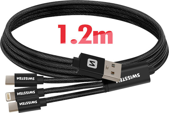 Swissten Braided USB to Lightning / Type-C / micro USB Cable 3A Μαύρο 1.2m 72501103