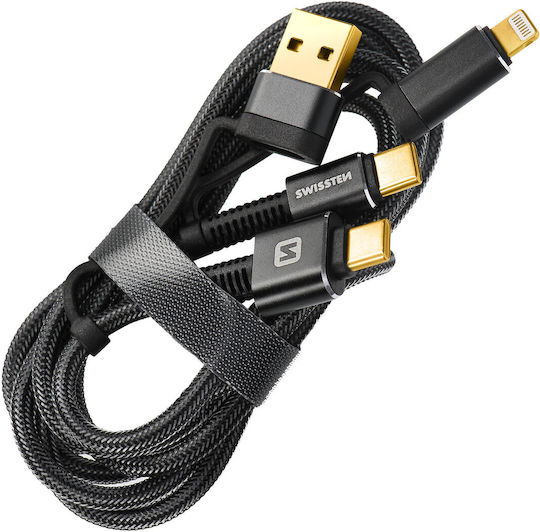 Swissten Braided Cablu USB la Lightning / Type-C cu mai multe porturi 3A Negru 1.5m (74501101)