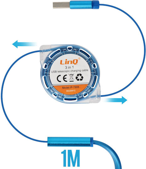 LinQ Retractable USB to Lightning / Type-C / micro USB Cable Μπλε 1m (IP-7893)