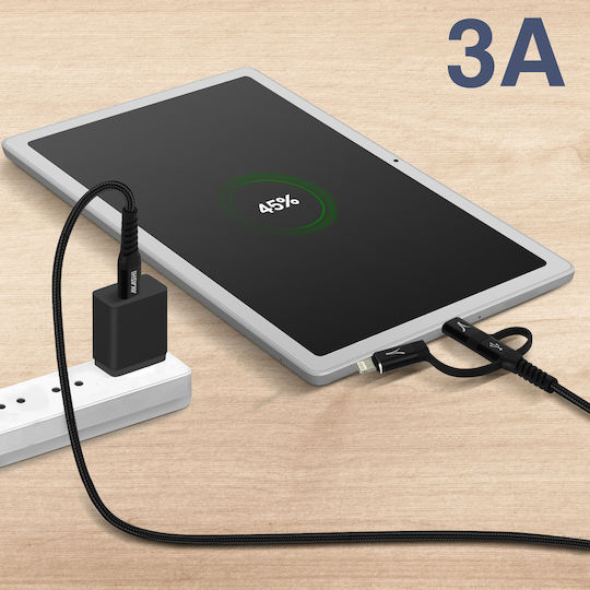 Akashi Braided USB to Lightning / Type-C / micro USB 1m 3A Cable (ALT3IN1TCBK)