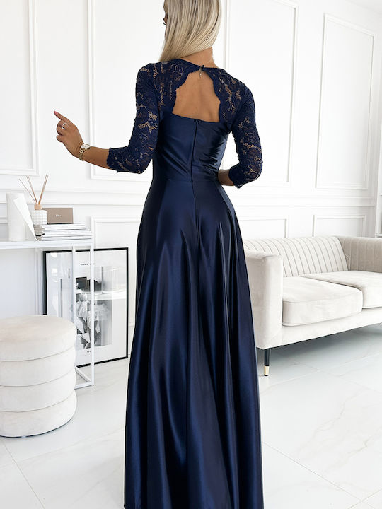 Maxi Φόρεμα για Γάμο / Βάπτιση Σατέν με Δαντέλα Dark Blue