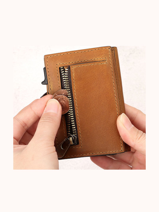 Leather Men's Wallet Cards with RFID and Slide Mechanism Brown