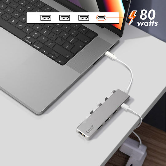 LinQ USB Хъб 6 Порта USB 3.0 с USB-C Връзка Сребрист