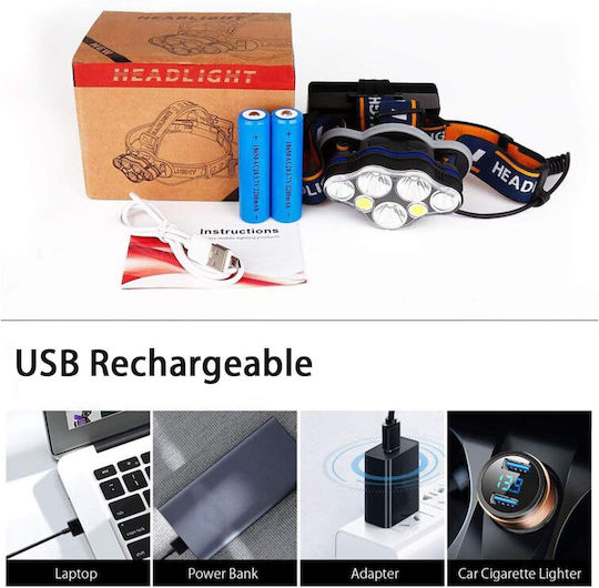 Headlamp Rechargeable Battery 5 White Leds 2 Red Leds 12000 Lumens 8 Lighting Modes 1 Red Strobe Mode Distance 500 M Ipx4 Technology Rotating Forehead Rechargeable