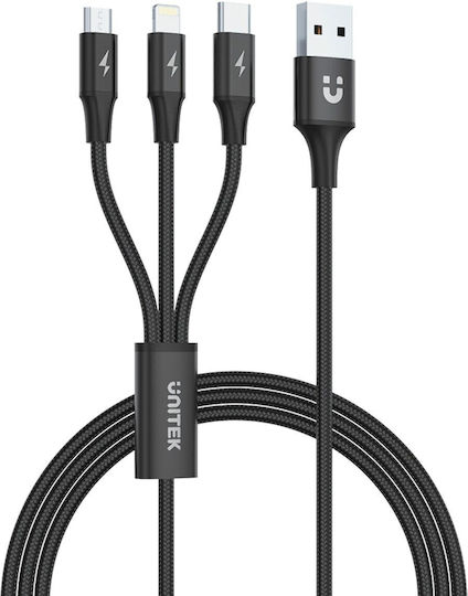 Unitek Braided Cablu USB la Lightning / Type-C / micro USB cu mai multe porturi 2.4A Negru 1.2m (C14049BK)