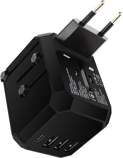 Moxie Universal EU USA UK AUS Socket Adapter + 3 USB + 1 USB C Black
