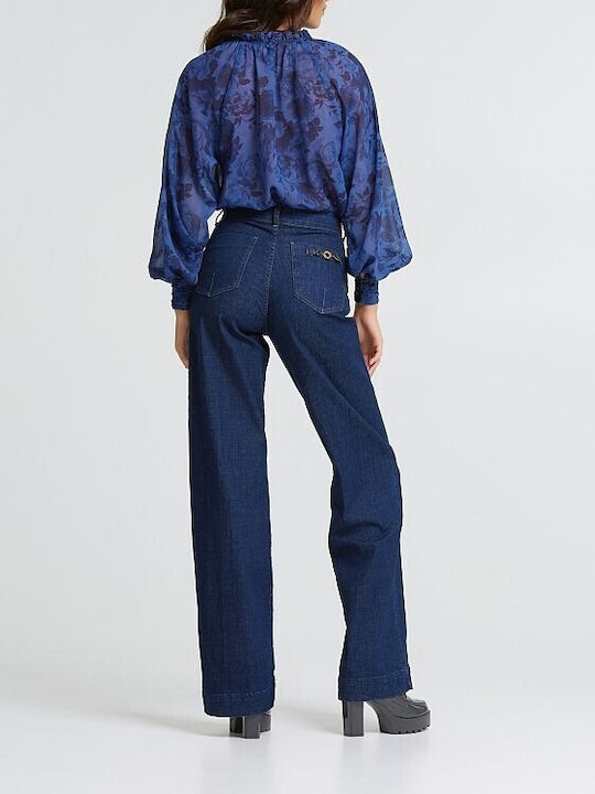 Lynne Damen Bluse Langärmelig Blumen Blue