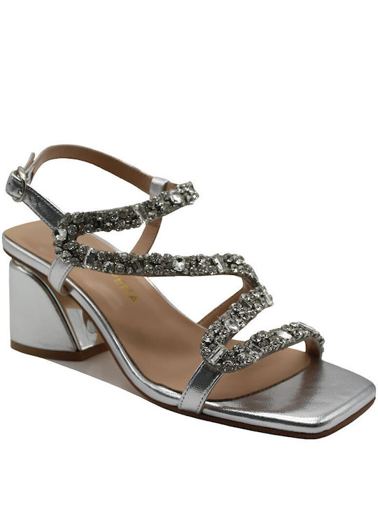 Alma en Pena Leather Women's Sandals Silver with Medium Heel